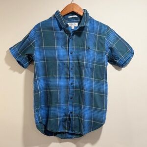 Ezekiel Men's Navy and Teal Plaid Short‎ Sleeve Shirt Size S